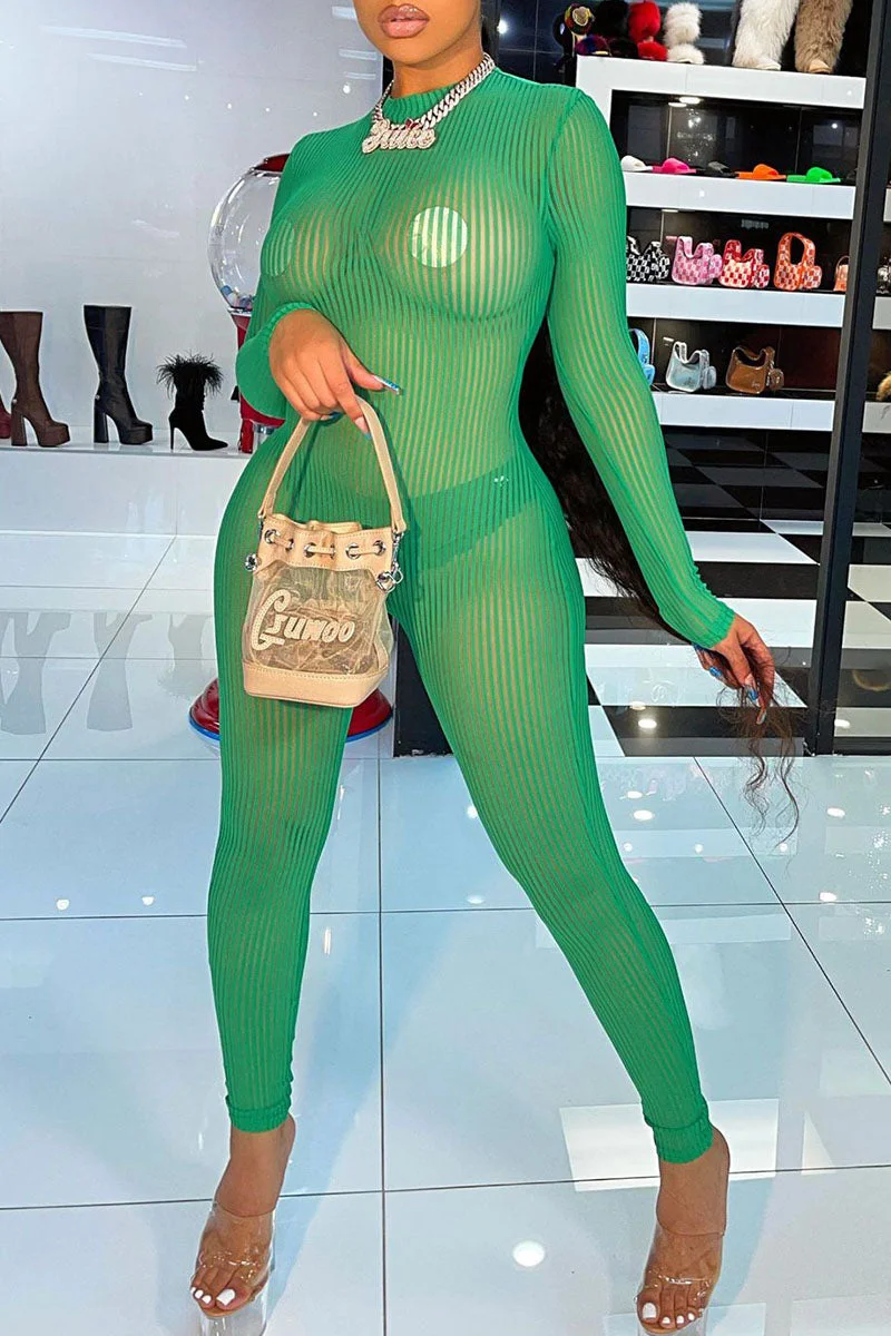 Sexy Solid Split Joint See-through O Neck Skinny Jumpsuits