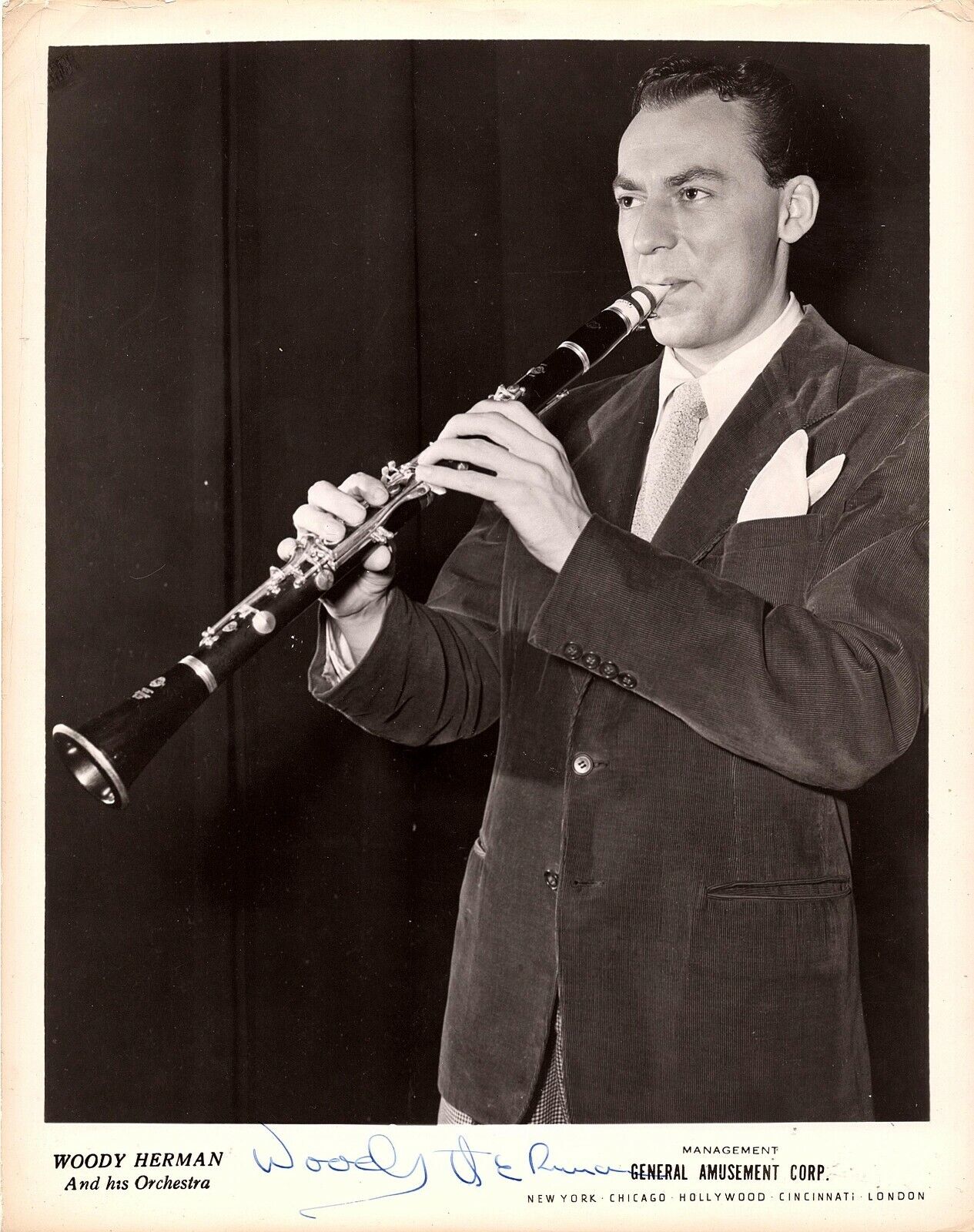 WOODY HERMAN Autographed SIGNED 8x10 Photo Poster painting Clarinetist 1946 BANDLEADER JAZZ