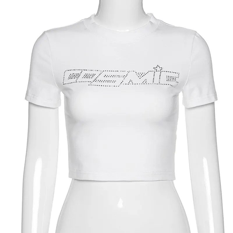 Punk Vintage Rhinestone Spider Graphic Black T-shirts Y2K Goth O-neck Short Sleeve Crop Tops E-girl Aesthetics Female Streetwear