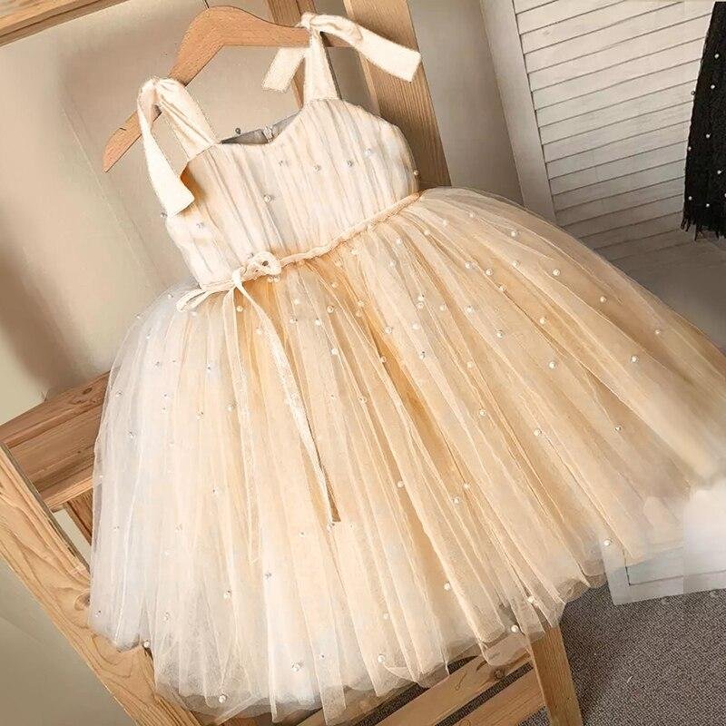 Summer Girl Tulle Dress Princess Party Tutu Fluffy Pearl Dress Kids Wedding Evening Gown Children Clothing Baby Clothes Vestidos