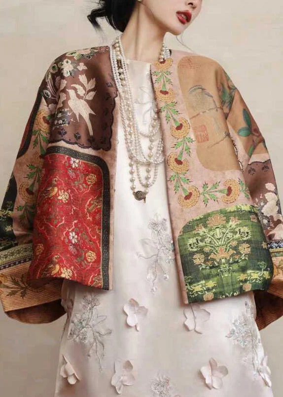 Chinese Style Yellow O-Neck Print Silk Coats Spring
