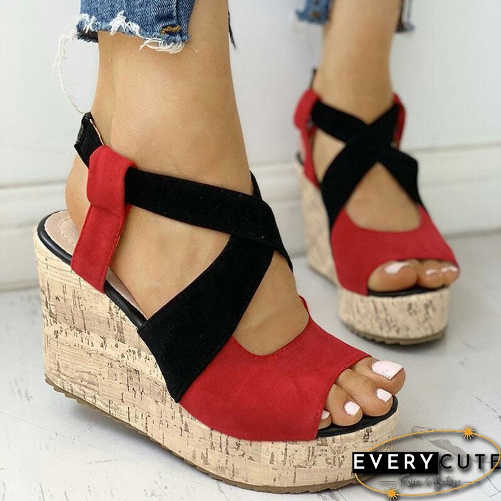 Womens Sandals-Summer Casual Platform Shoes-Open Toe Buckle Wedge Solid Mid Pumps Heel
