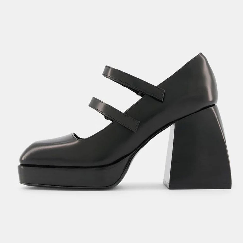 Black Vegan Leather Closed Square Toe Mary Jane Pumps with Platform Nicepairs