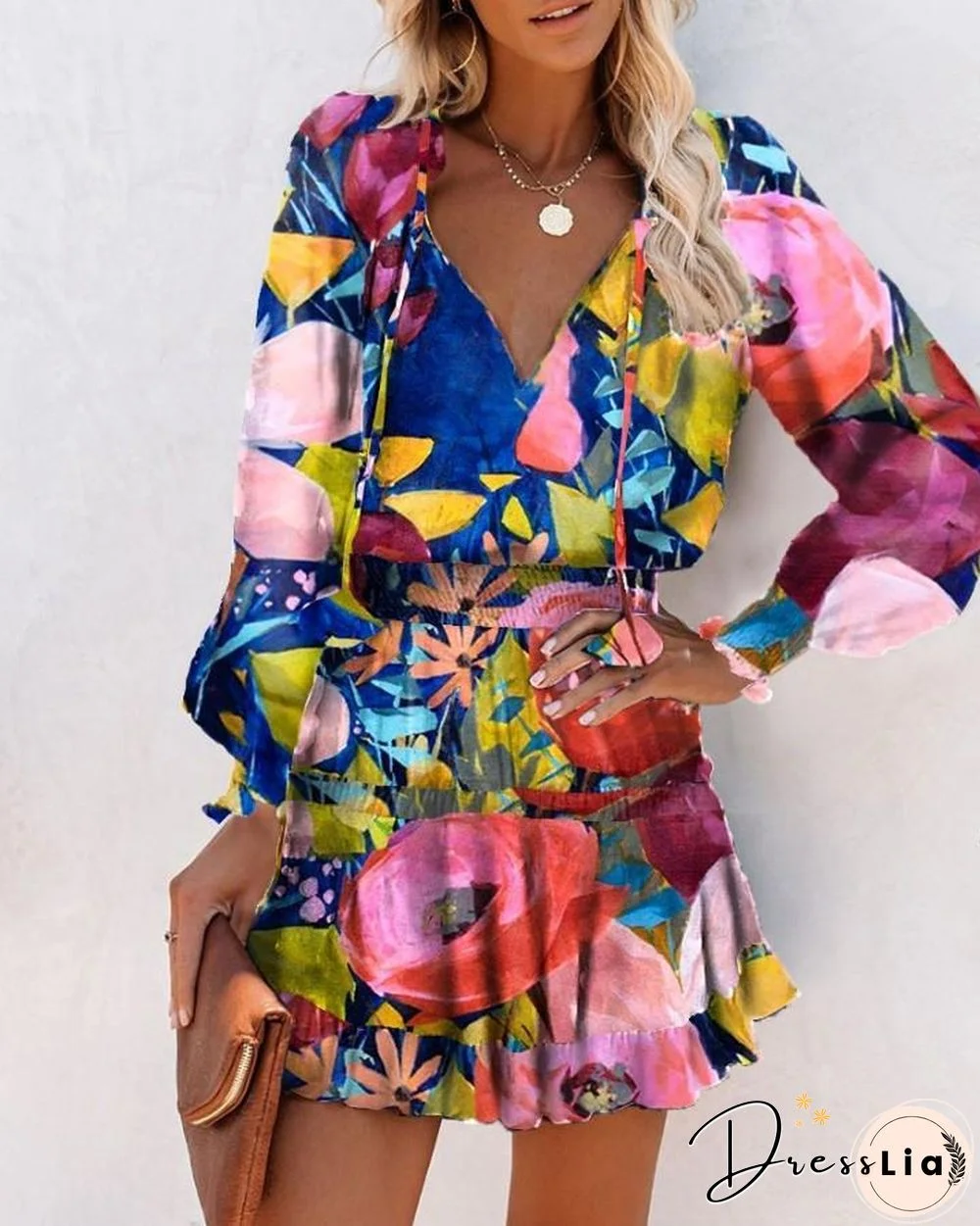 Multicolor Floral Print Skinny Waist Long Sleeve Mini Dress P13501