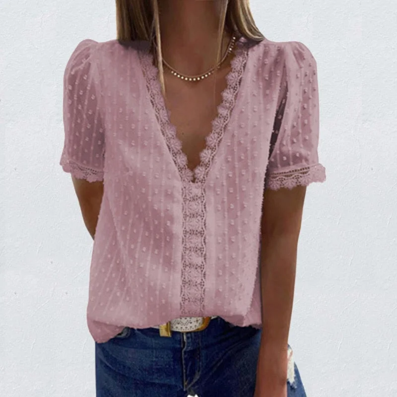 Sexy V-Neck Lace Shirt Blouse Spring Summer Short Sleeve Ladies Shirt Casual Women Solid Pullover Tops Blusa Streetwear 3XL