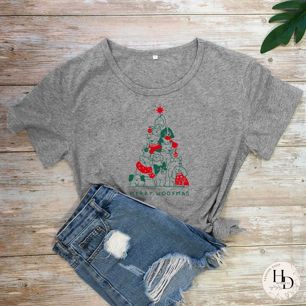 Merry Woofmas Colored Print T-shirt Kawaii Dog Lover Christmas Holiday Gift Tshirt Funny Women Graphic Tees Tops Drop Shipping