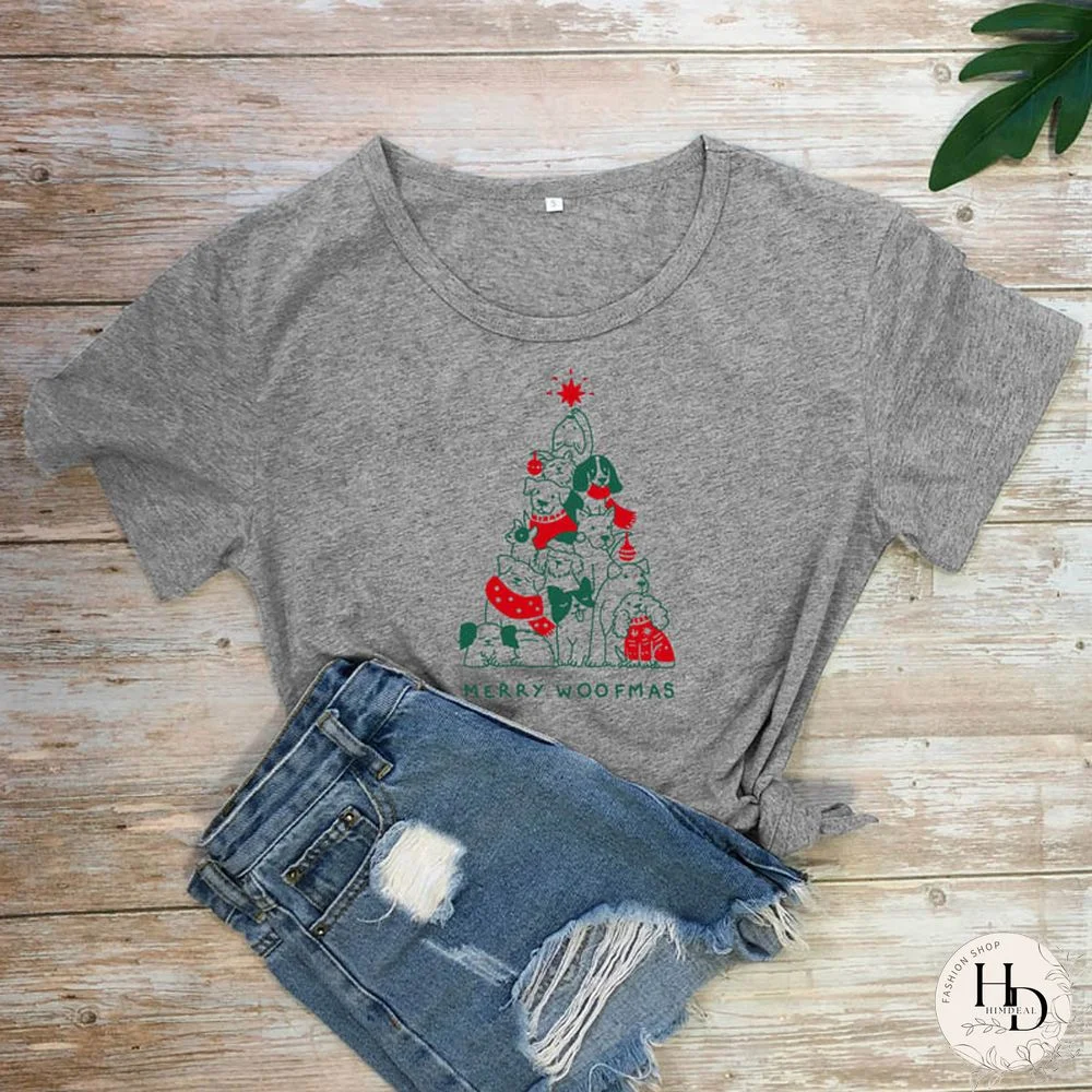 Merry Woofmas Colored Print T-shirt Kawaii Dog Lover Christmas Holiday Gift Tshirt Funny Women Graphic Tees Tops Drop Shipping