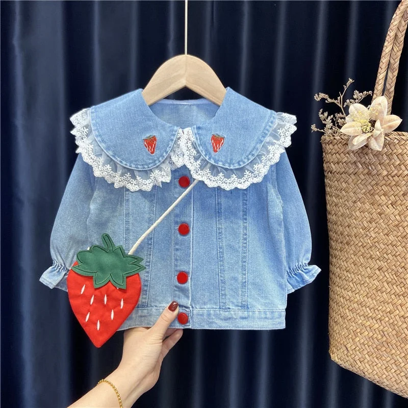 Kids Coats for Girls 2021 Spring Cute Toddler Denim Jacket Embroidery Children Clothing Girls Strawberry Outerwear for 18M-8Y