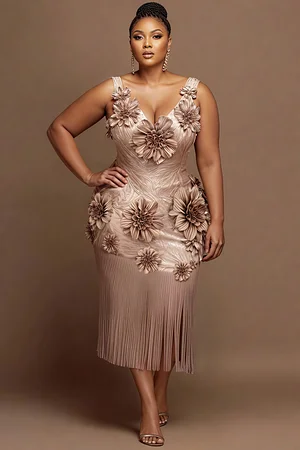 Xpluswear Design Plus Size Cocktail Party Gold V Neck 3D Elegant Midi  Dresses - Xpluswear.com