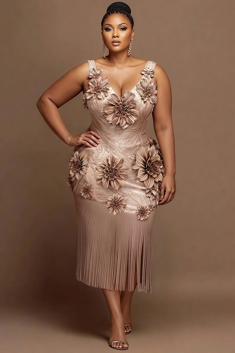 Xpluswear Design Plus Size Cocktail Party Gold V Neck 3D Elegant Midi Dresses 2024 - Xpluswear
