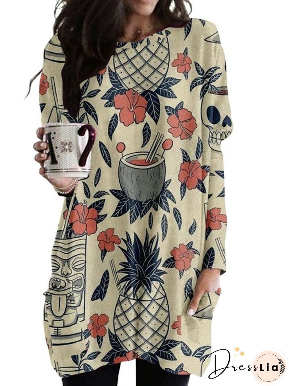 Round Neck Casual Fashion Medium Length Loose Dress 3D Printing