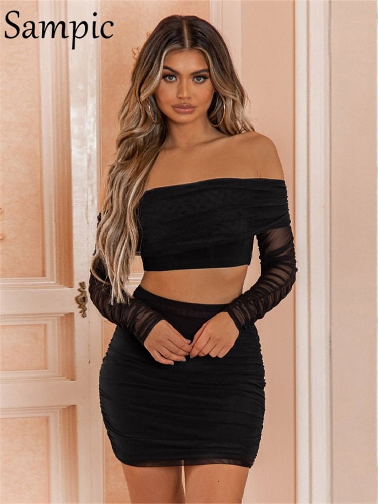 Sampic Sexy Women Party Winter Club Skirt Set 2021 Mesh Skinny Long Sleeve Tops And Mini Wrap High Waisted Skirt Two Piece Set