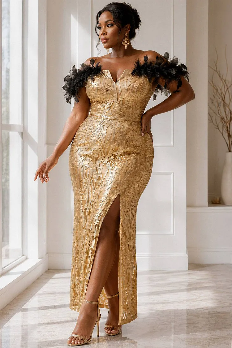 Xpluswear Design Plus Size Cocktail Party Gold Off The Shoulder Feather Split Maxi Dresses [Pre-Order] 2024 - Xpluswear