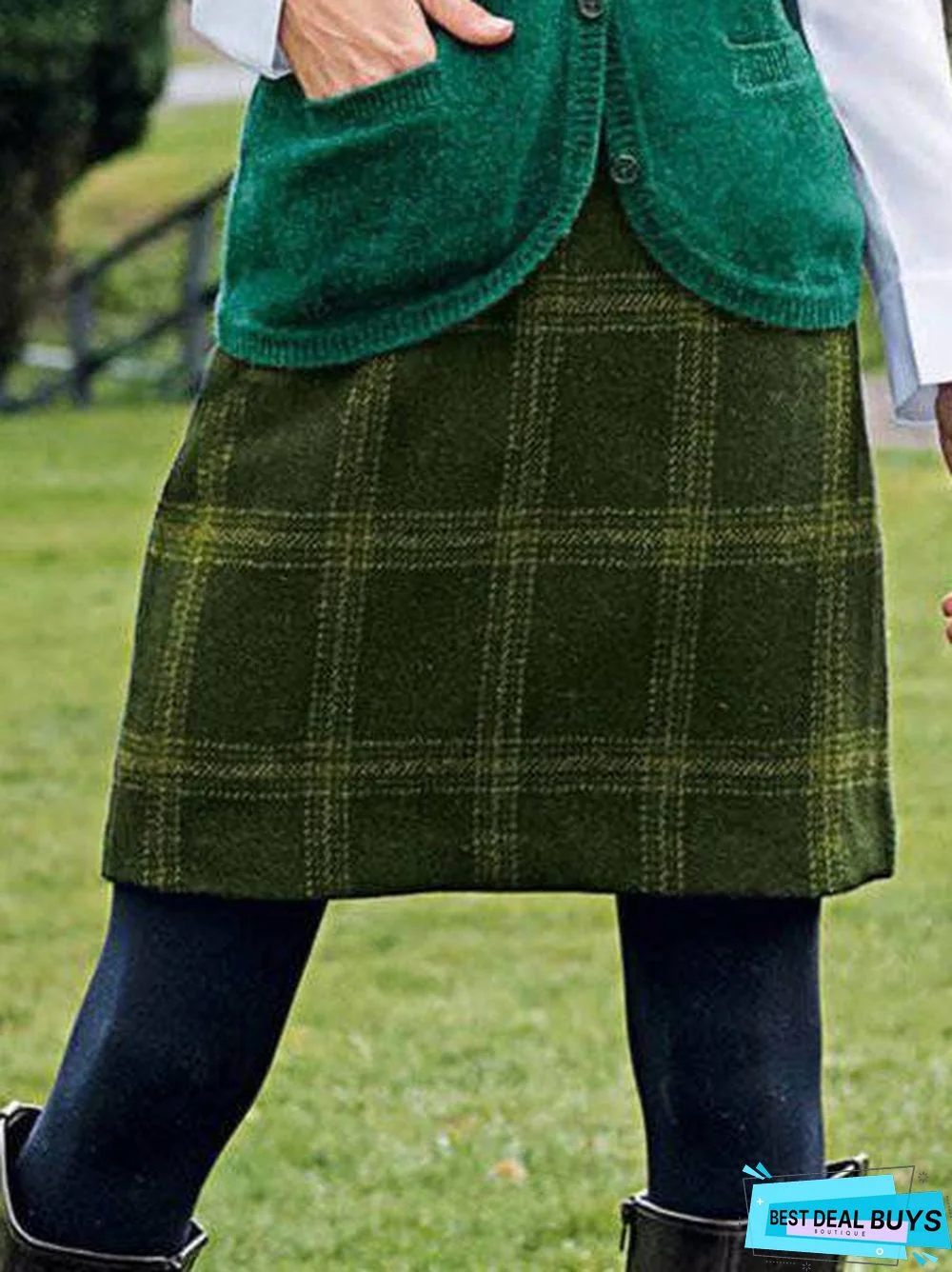 Multicolor Cotton-Blend Plaid Casual Skirt