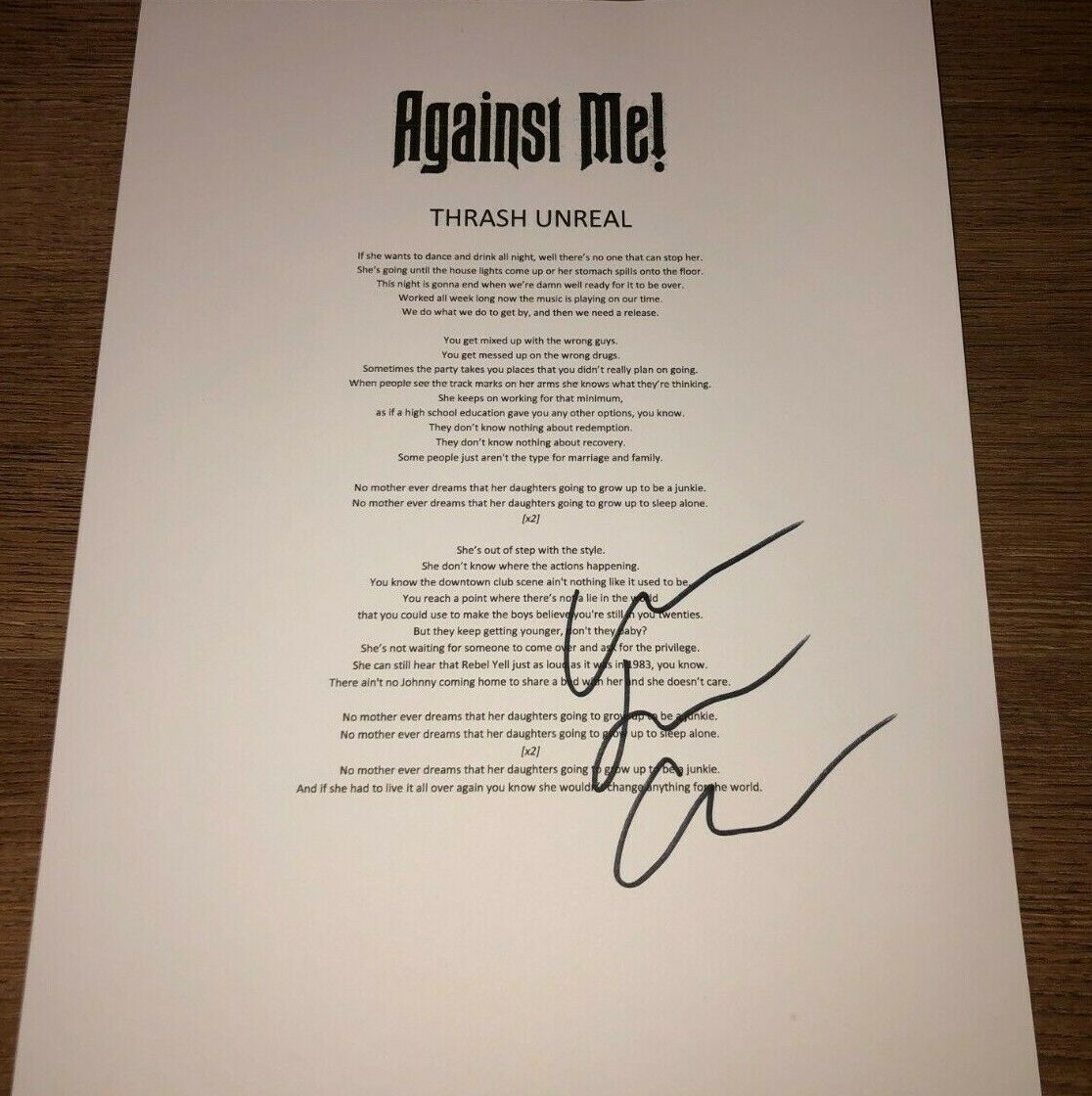 Laura Jane Grace Trash Unreal Against Me! Signed Autographed Lyric Sheet COA E2