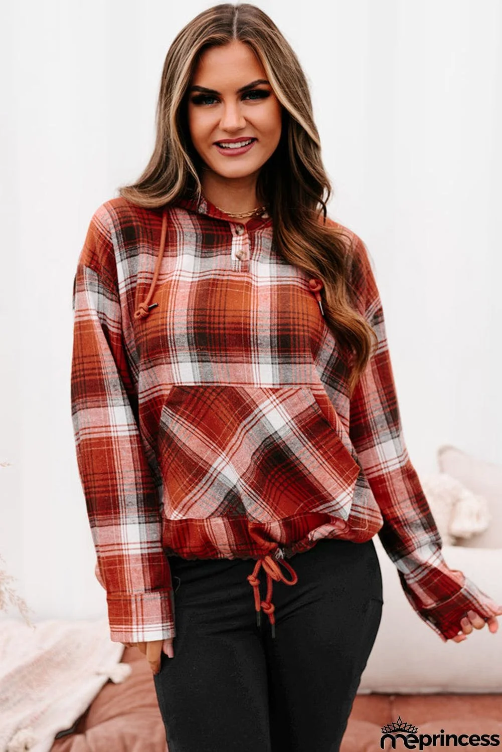 Plaid Print Pocketed Hoodie