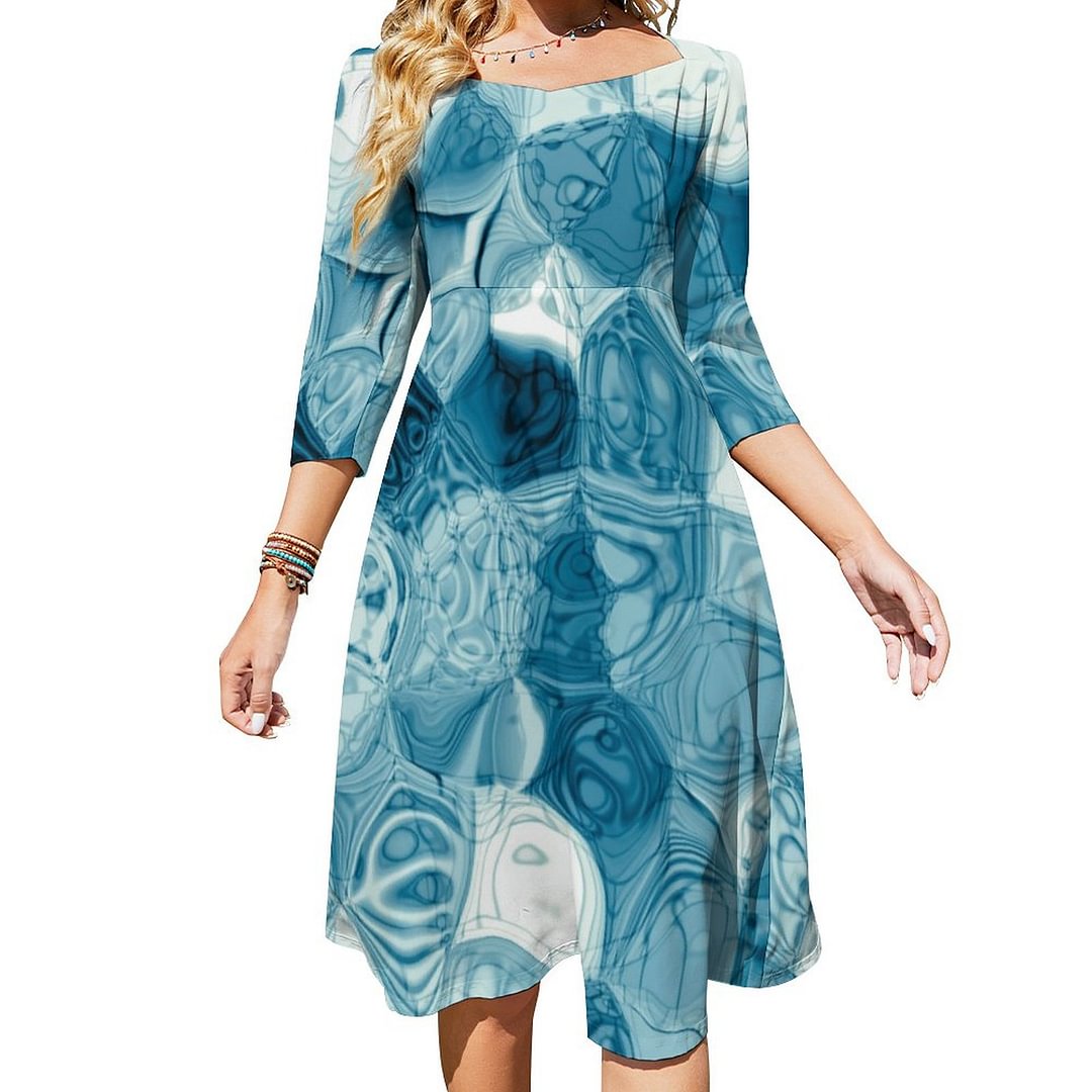 Elegant Teal Abstract Geometrical Shapes Artwork Dress Sweetheart Tie Back Flared 3/4 Sleeve Midi Dresses