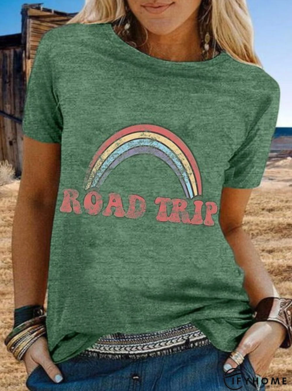 Vintage Short Sleeve Rainbow Letter Printed Plus Size Casual Tops | IFYHOME