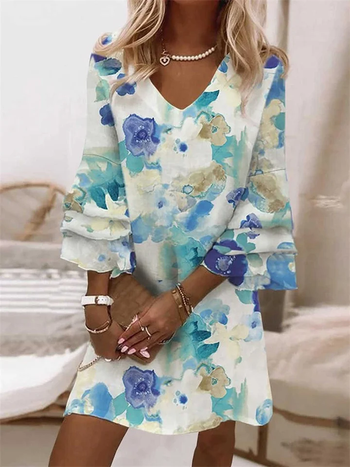 Summer New Women's Fresh Printed V-Neck Seven Sleeve Dresses