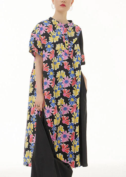 Stylish Black Stand Collar Print Patchwork Cotton Dresses Summer