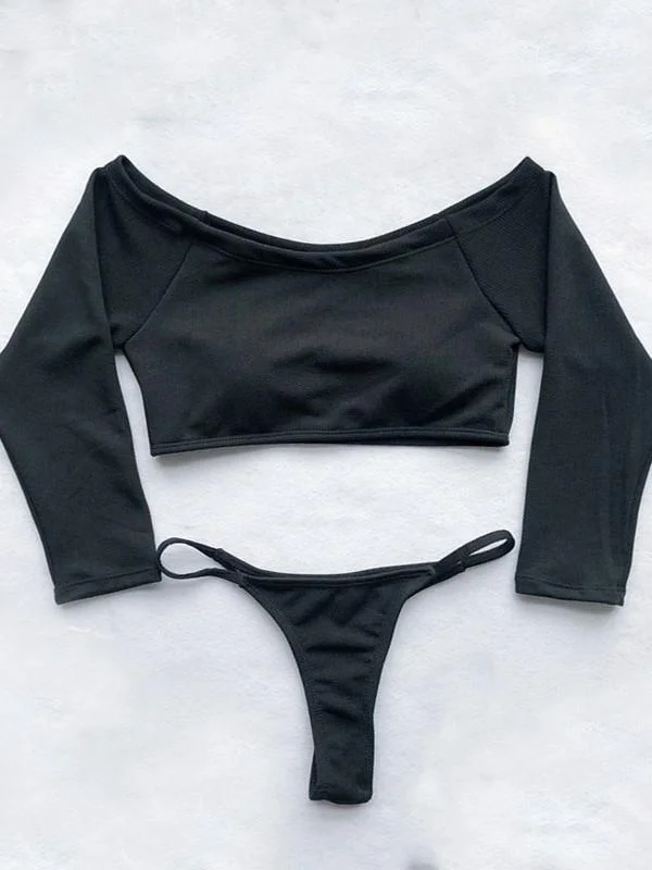 Off-The-Shoulder Ribbed Plain Tankini Swimsuit