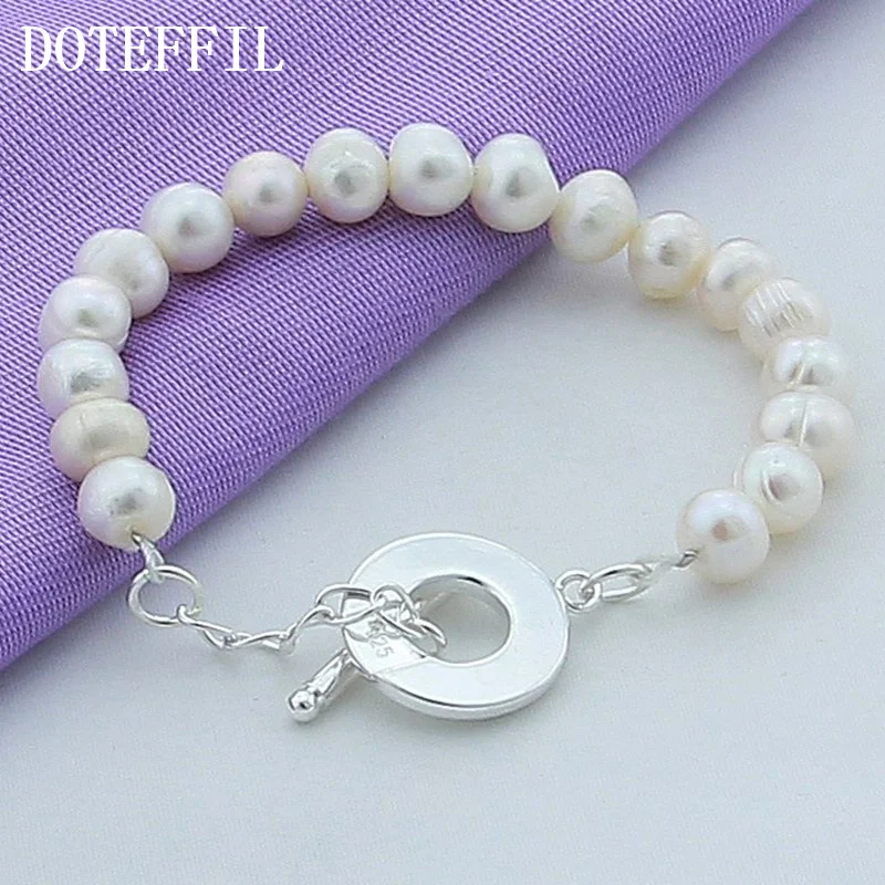 DOTEFFIL Natural White Freshwater Pearl 925 Sterling Silver Bracelet For Women Jewelry 