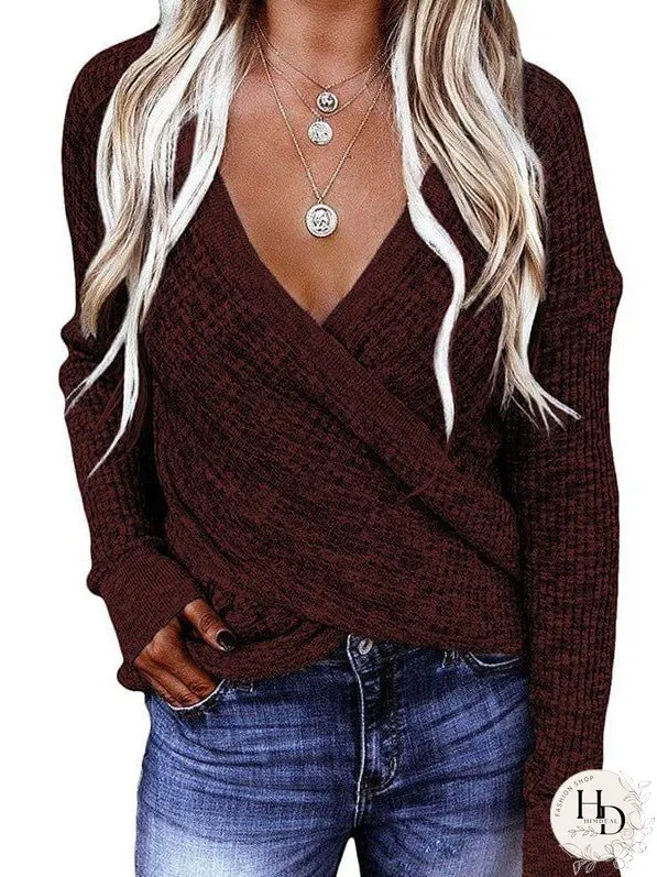 V-Neck Ladies' Sweater With Cross Detail In Solid Colors And Sexy Long Sleeves