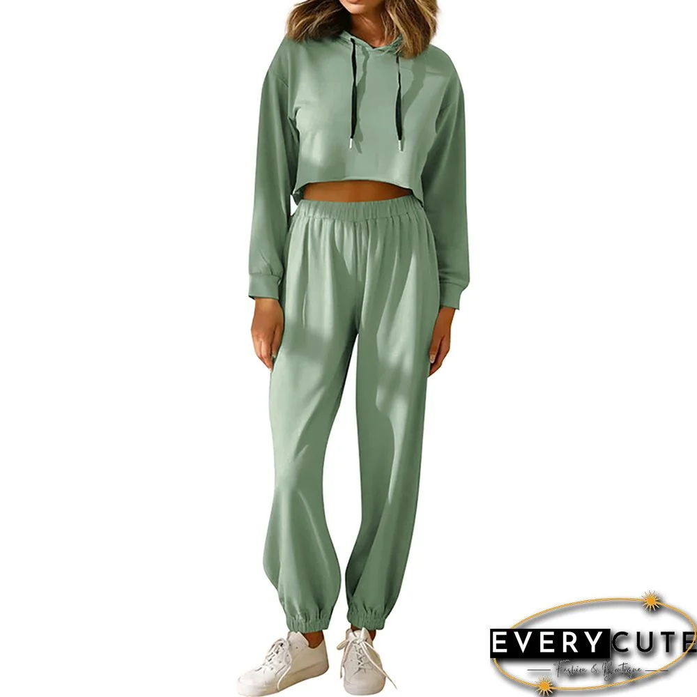 Pea Green Cotton Blend Crop Hoodie and Pant Sports Set