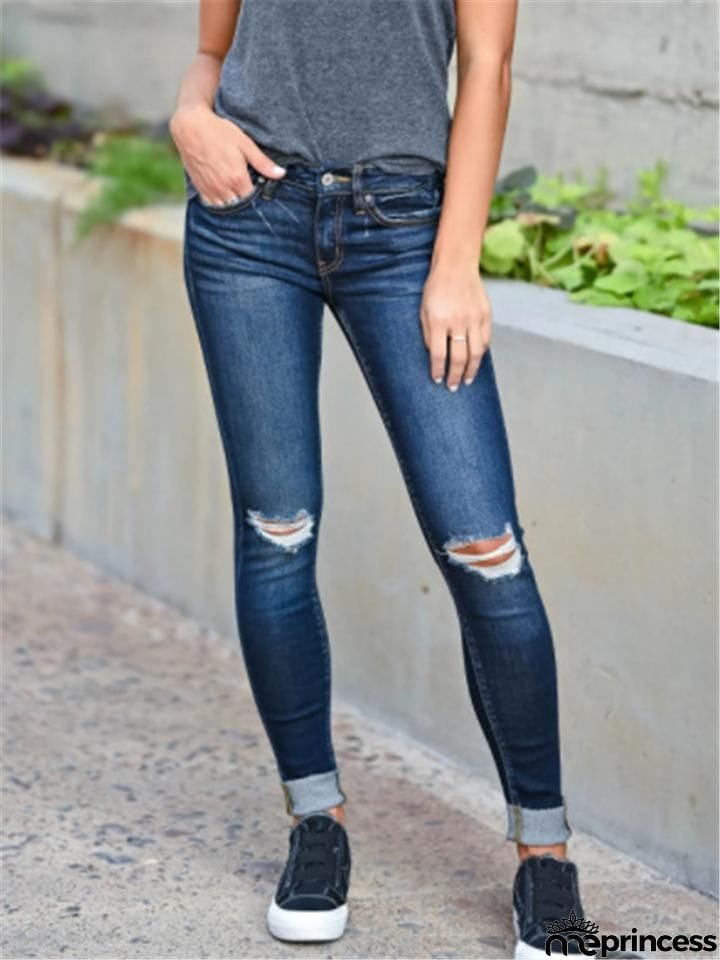 Slim Fit Mid-Rise Ripped Washed Pocket Skinny Denim Pants