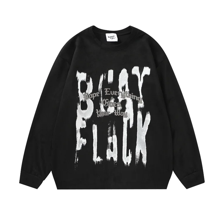 Retro Graffiti Letter Print Loose Long Sleeve Pullover Sweatshirt at Hiphopee