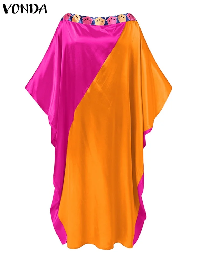 VONDA Stylish Casual Vestido Femme Robe Off Shoulder Maxi Dress 2022 Women Sexy Long Sleeve Sundress Color Patchwork Party Dress
