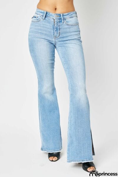 Judy Blue Full Size Mid Rise Raw Hem Slit Flare Jeans