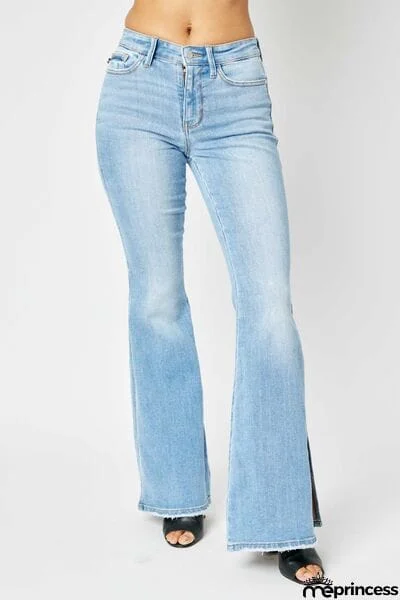 Judy Blue Full Size Mid Rise Raw Hem Slit Flare Jeans