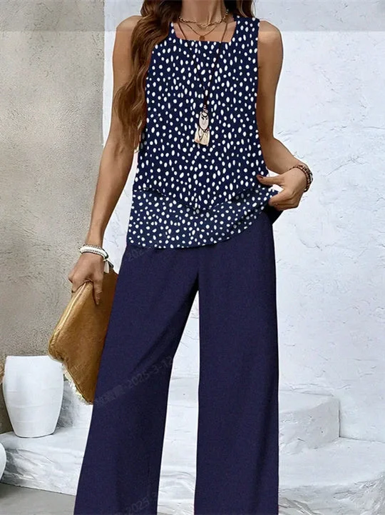 Women's Sleeveless Square Collar Graphic Printed Casual Set