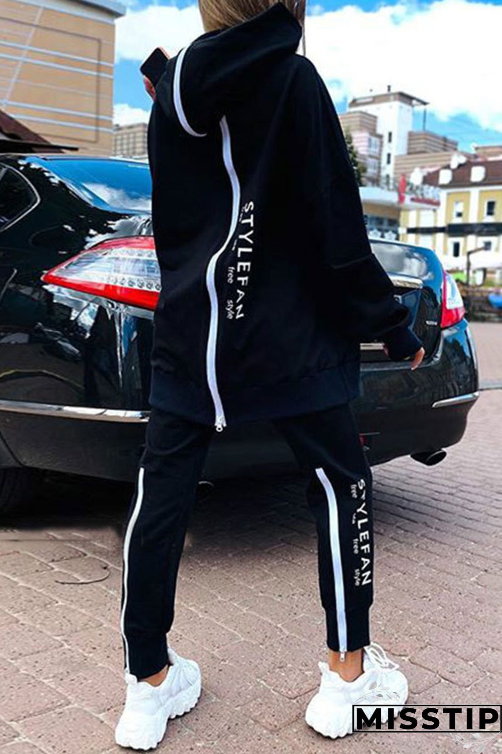 Black Casual Street Print Patchwork Zipper Hooded Collar Long Sleeve Two Pieces