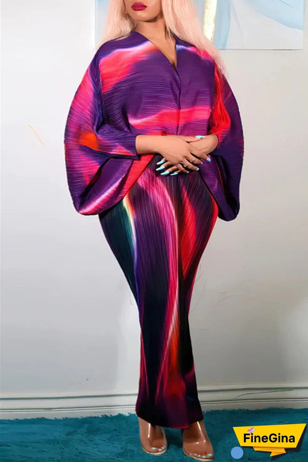 Pink Purple Casual Print Patchwork V Neck Pencil Skirt Plus Size Dresses