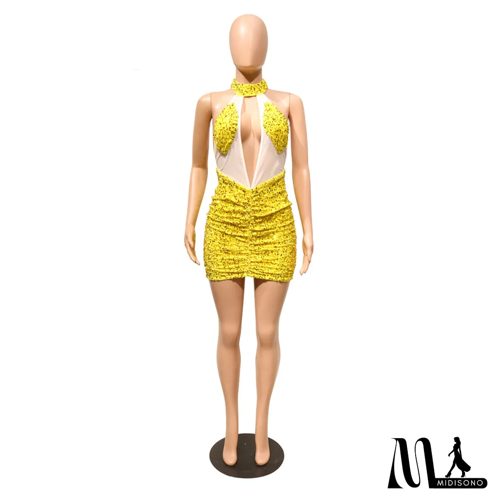 MidiSono - Hot Sale Hollow Fashion Sequin Sequin Halter Back Nightclub Dress