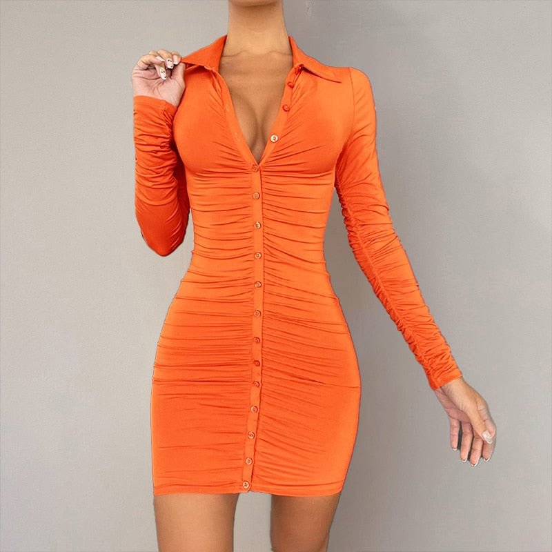 Sexy Bodycon Mini Shirt Dress Long Sleeve Solid Color Outfit Button Down Lapel One-Piece Ruched Women Slim Fashion Clubwear 2021
