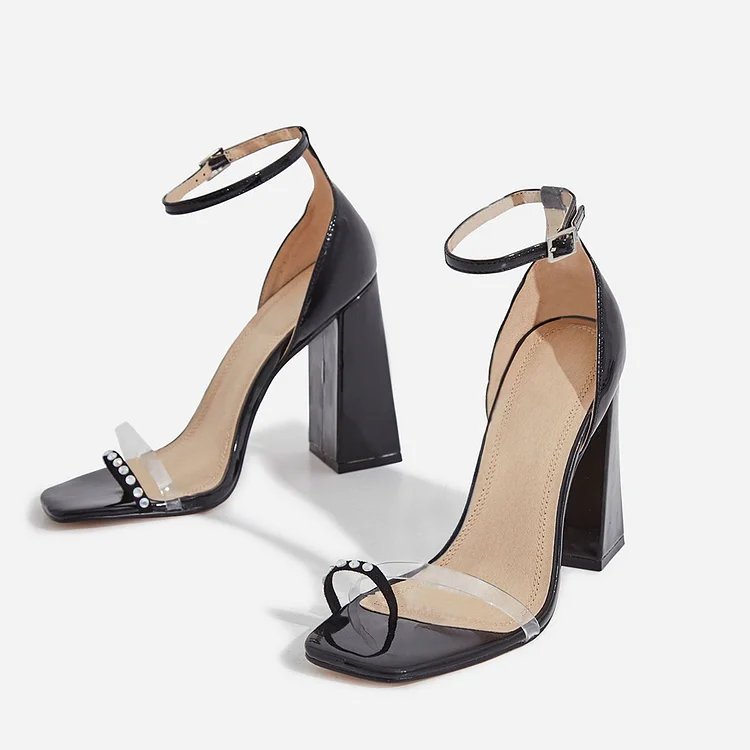Black Patent Leather Ankle Strap Block Heel Sandals |FSJ Shoes