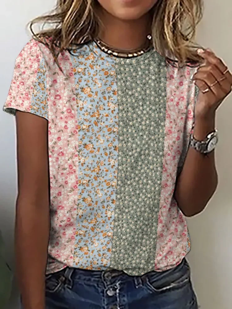 Printed Short Sleeve Casual T-shirt for  Women and Men Unisex Pattern Floral,Pink,Green,Stitch