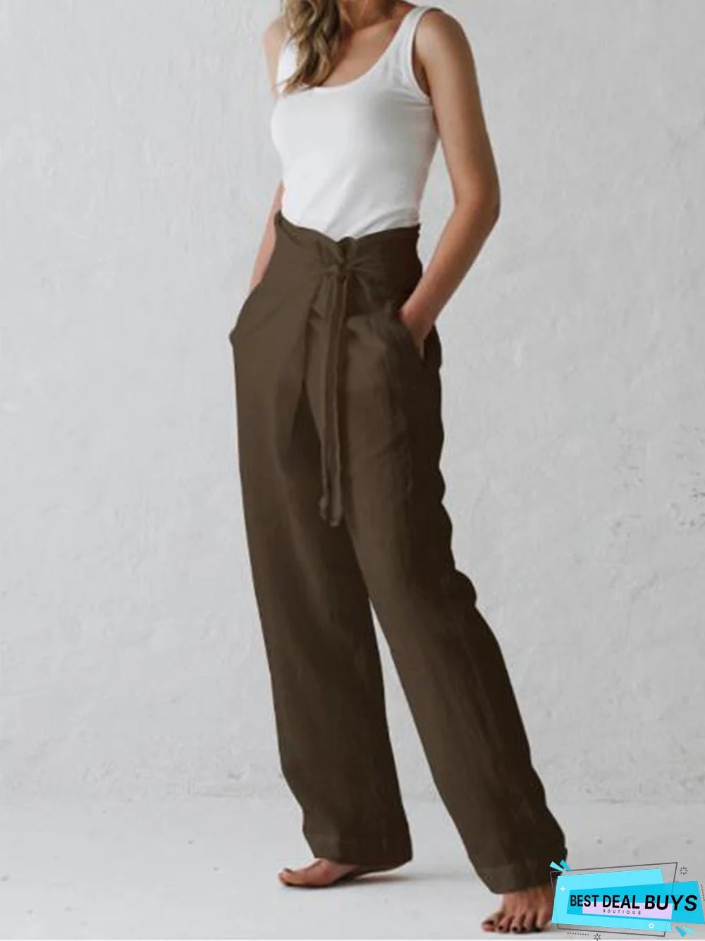 Women Cotton-Blend Linen & Cotton Pants With Belt