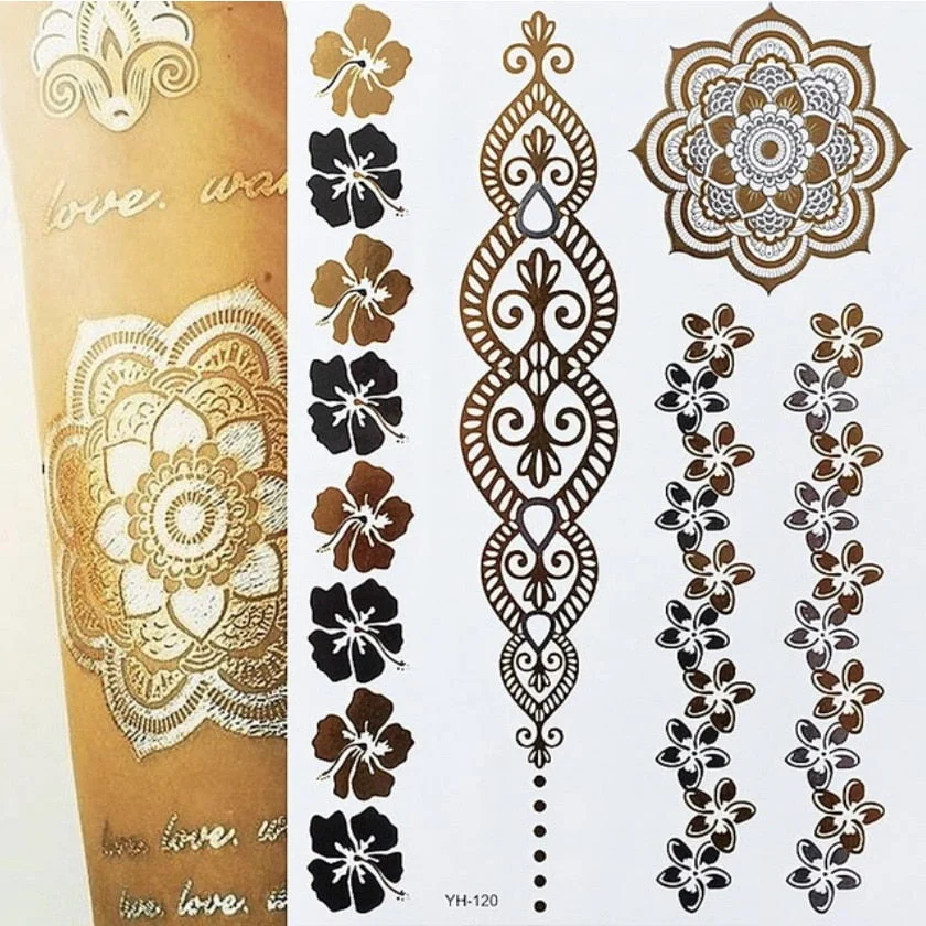 Women Body Art Gold Silver Metallic Tattoo Sticker Chain Bracelet Fake Jewelry Waterproof Temporary Tattoo Arm Sleeve Hand Wrist