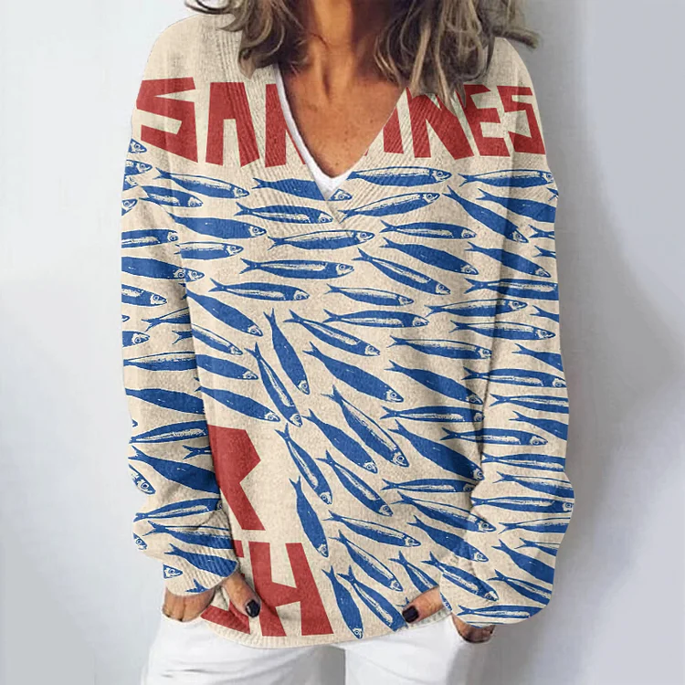 Women's Vintage Fish Sardines Art Printed Light Sweater