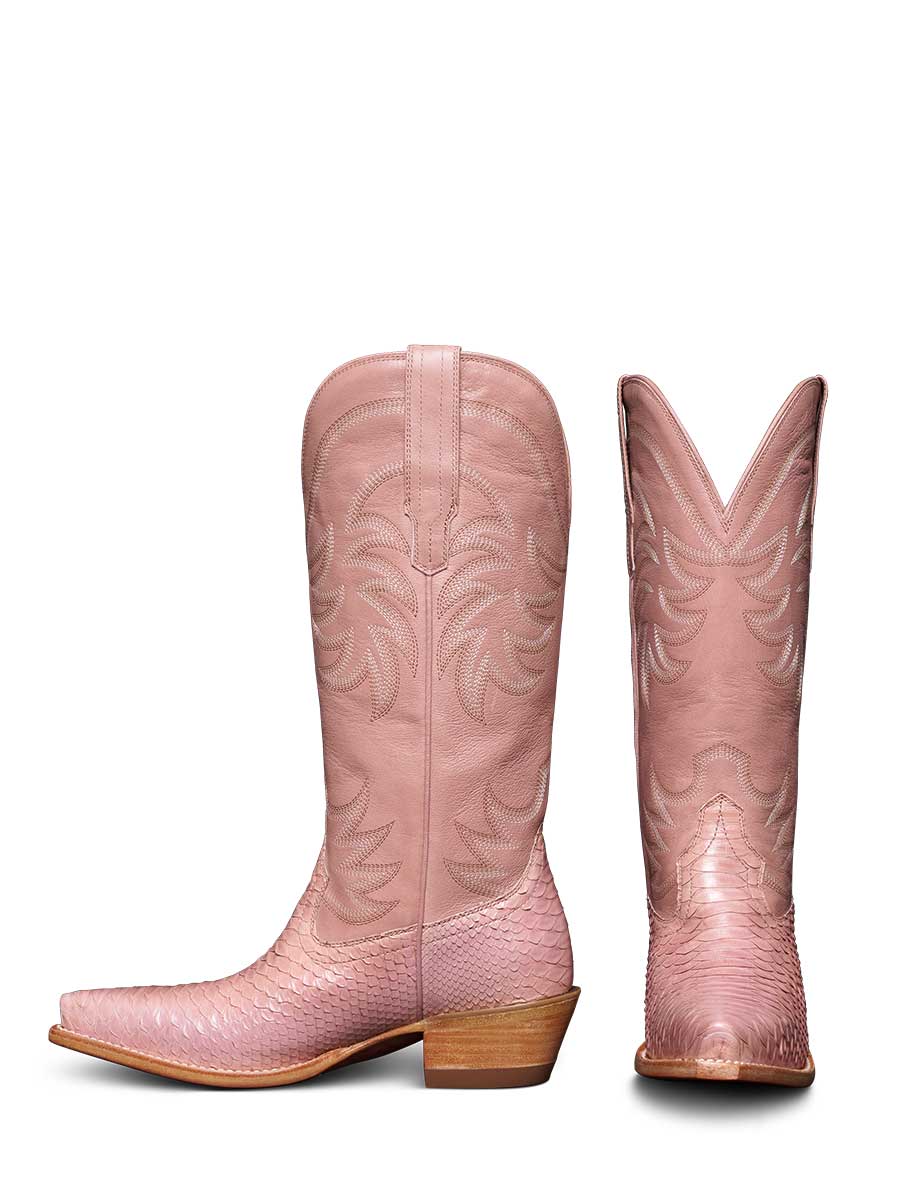 Pink Chunky Heel Snake Embossed Embroidered Mid-Calf Cowgirl Boots