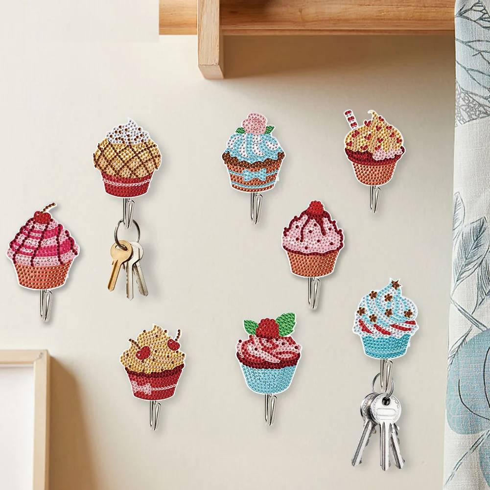 5D DIY 8Pcs Cupcake Diamond Painting Hooks Diamond Art Craft Wall Hooks Home Decor