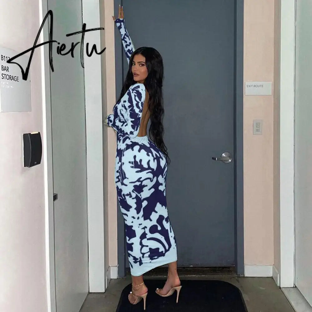 Aiertu Long Sleeve Backless Sexy Camouflage Dress Summer Women Fashion Streetwear Outfits Solid Club Clothing Aiertu