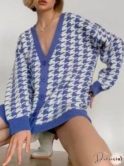 Houndstooth Button Up Long Sleeve Cardigan