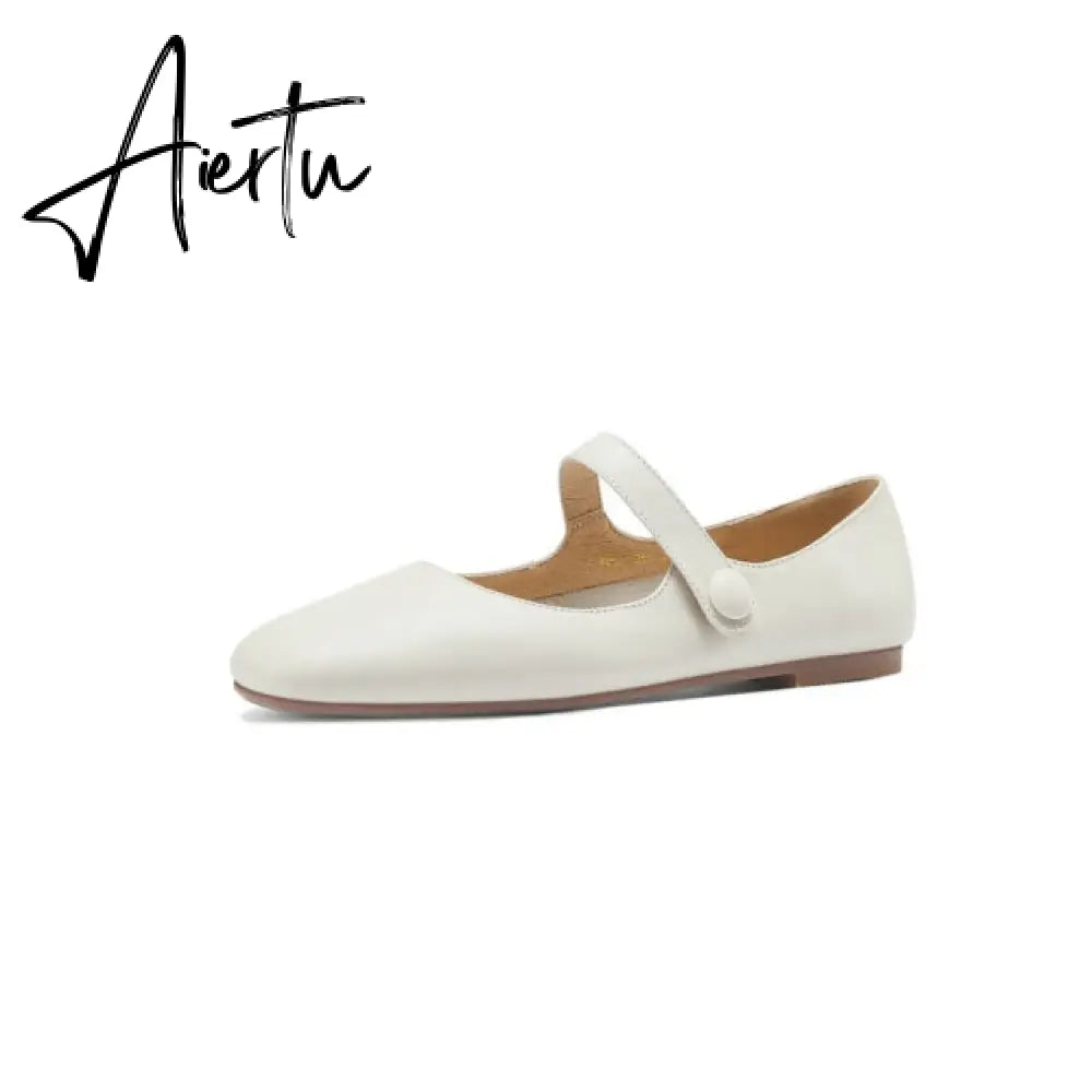 Aiertu Flat Heels Retro Square Toe Genuine Leather Women Shoes Spring Autumn Hook&Loop Casual Female Flats Shoes Size 34-40 Aiertu