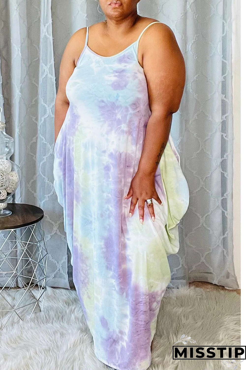 Deep Blue Sexy Print Patchwork Spaghetti Strap Irregular Dress Plus Size Dresses