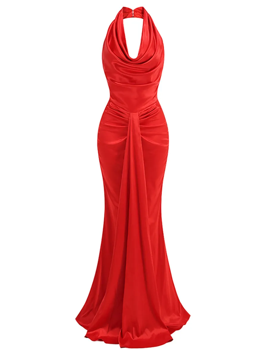 Brownm 2025 New Fashion Sexy Hanging Neck To Bare Back To The Waist Thin Design Red Long Dress Women's Summer